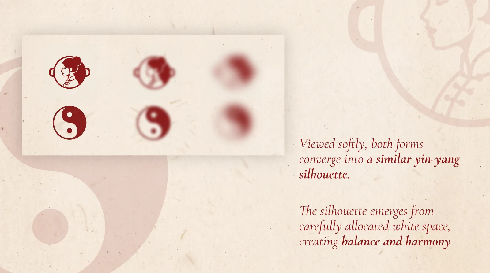 Logo silhouette converging toward a yin-yang form when viewed softly