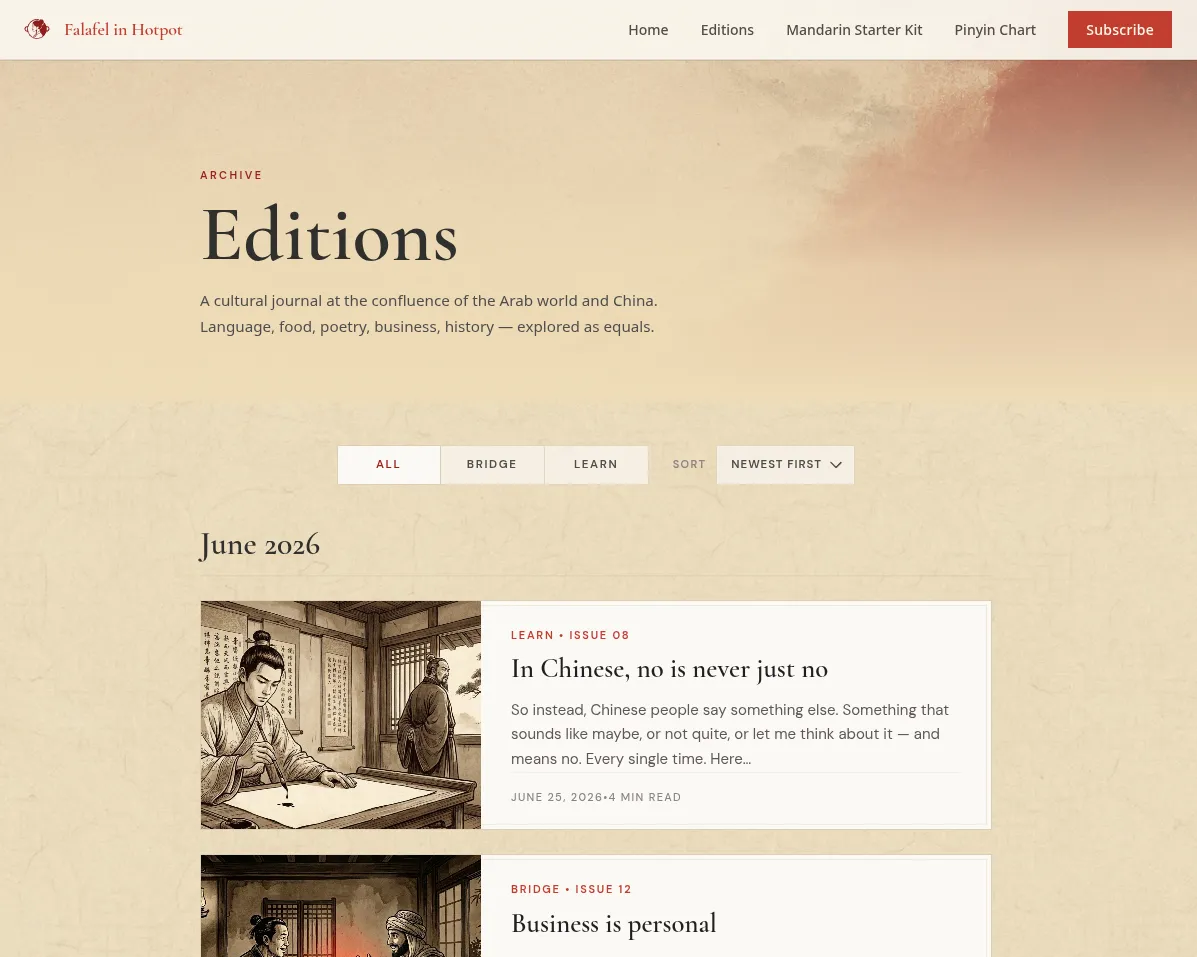 Editions archive page — filtered journal listing with Bridge and Learn categories