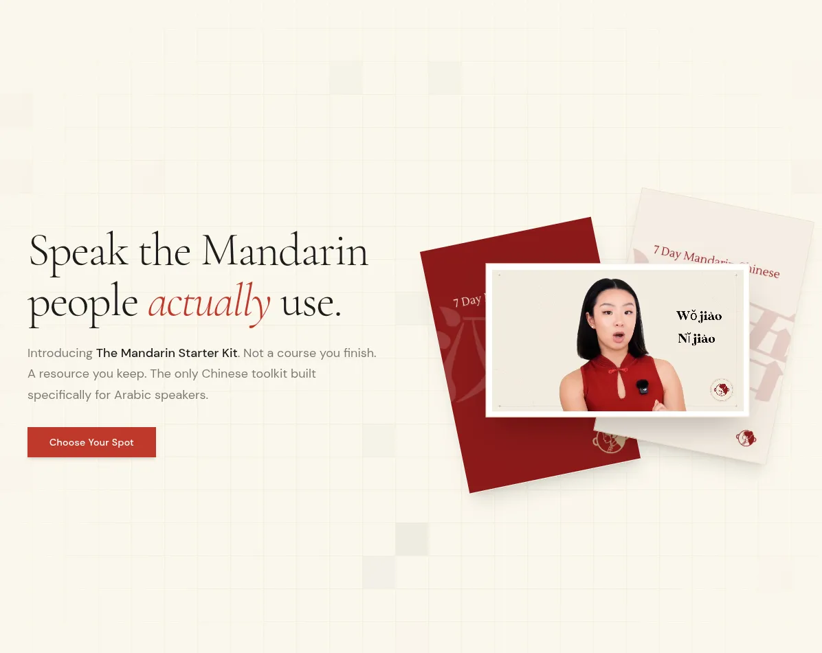 Mandarin Starter Kit page — Speak the Mandarin people actually use, with kit visuals and CTA